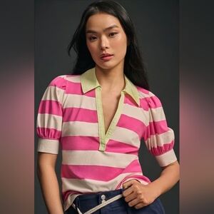 ❤️ ANTHROPOLOGIE MAEVE PUFF SLEEVE RUGBY STRIPED POLO TOP, MEDIUM